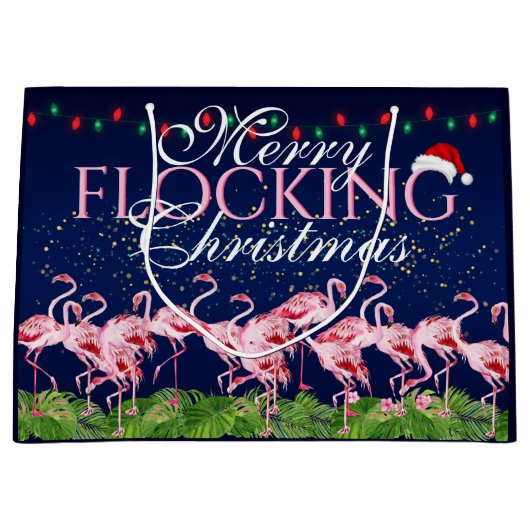 Merry Flocking Christmas Pink Flamingo Große Geschenktüte (Vorderseite)