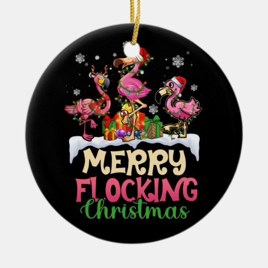 Merry Flocking Christmas Reindeer Santa Flamingo Keramik Ornament (Vorne)