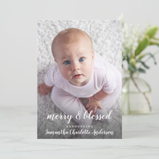 Merry & gesegnet Foto Collage Geburtserklärung Ankündigung (Stehend Vorderseite)