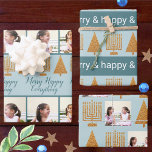 Merry Gold Blue Christmas Hanukkah Foto Geschenkpapier Set<br><div class="desc">Erstellen Sie Ihr eigenes Sortiment an Foto Packpapier Blätter mit diesem lustigen und eleganten Imitat Gold und Blau Merry Happy Alles Thema. Dieses Sortiment an maßgeschneiderten interreligiösen Geschenkpackungen beinhaltet zwei Blätter mit Ihren Fotos und ein Blatt mit einem pastellblauen, dunkelblauen und weißen typografischen Gefühl in abwechselnden Streifen mit Reihen von...</div>