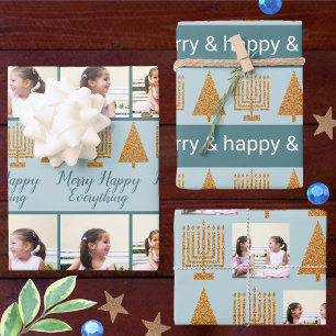 Merry Gold Blue Christmas Hanukkah Foto Geschenkpapier Set