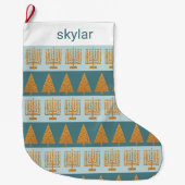 Merry Gold Blue Holiday Stripes Muster Großer Weihnachtsstrumpf (Vorderseite)