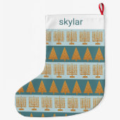 Merry Gold Blue Holiday Stripes Muster Großer Weihnachtsstrumpf (Rückseite)