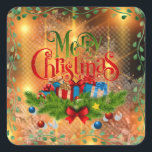 Merry Golden Christmas Quadratischer Aufkleber<br><div class="desc">Frohe goldene Weihnachtsgestaltung.</div>