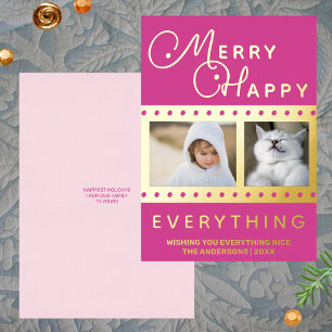 Merry Happy Chic 2 Foto Word Art Pink Gold Folien Feiertagskarte