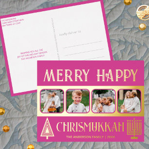 Merry Happy Chrismukkah 4 Foto Berry Pink Gold Folien Feiertagspostkarte