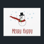 Merry Happy Snowman mit Red Scarf Benutzerdefinier Feiertagspostkarte<br><div class="desc">Ein fröhlicher Schneemann in einem funkelnden roten Schal wünscht dem Empfänger Merry Happy. Ihr personalisierter Text und Ihre Unterschrift auf der Rückseite.</div>