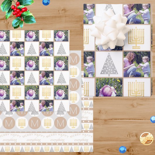 Merry Happy Tan Holiday Foto Niedlich Monogram Geschenkpapier Set