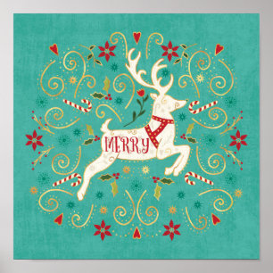 Merry Holiday Aquamarin Reindeer Poster