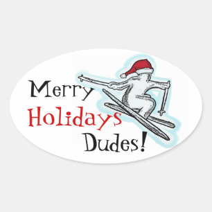 Merry Holidays Typs Spaß Santa Skier Oval Aufklebe Ovaler Aufkleber