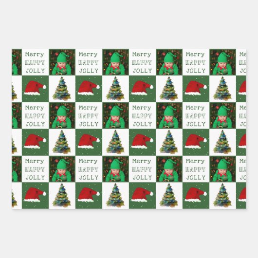Merry Jolly Christmas Tree Weihnachtsmannmütze Fam Geschenkpapier Set (Vorderseite)