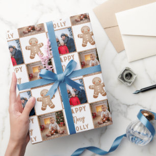 Merry Jolly Gingerbread Familie 2 Foto Weihnachten Geschenkpapier