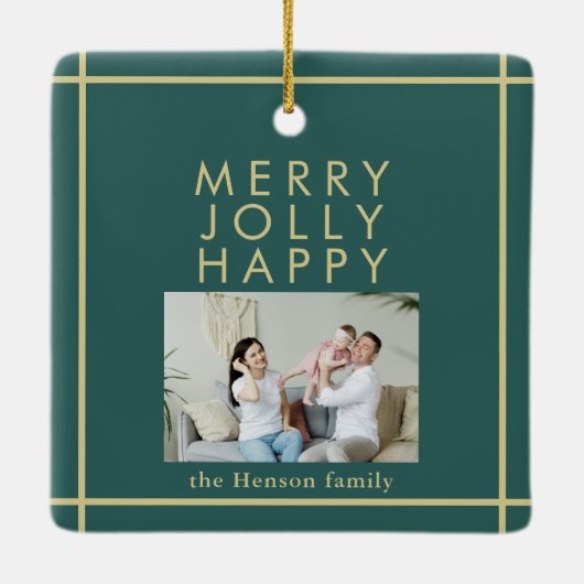 Merry Jolly Happy Family Foto Christmas Green Keramikornament (Rückseite)