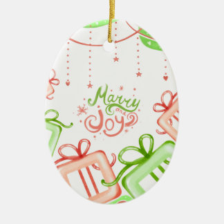 Merry Joy Christmas Greetings with Gifts Design Keramik Ornament