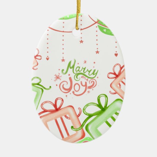Merry Joy Christmas Greetings with Gifts Design Keramik Ornament (Vorne)