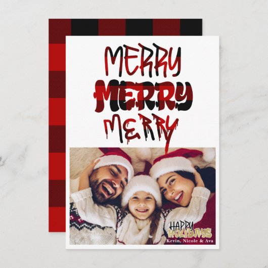 MERRY Kariert Grunge Typografy Holiday Foto Card Einladung (Vorne/Hinten)