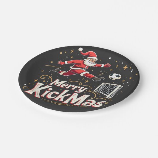 Merry Kickmas Funny Santa Claus Fußballfans Pappteller (Schrägansicht)
