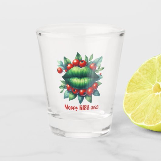 Merry KISS-mas Grüne Lippen Rote Weihnachtsberries Schnapsglas (Vorderseite)