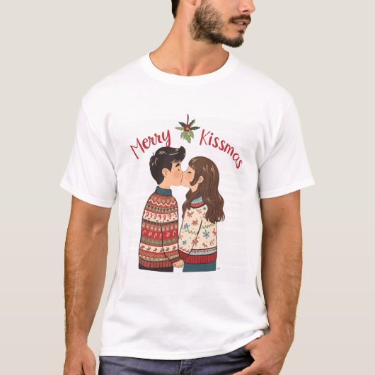 Merry Kissmas – Cute Kissing Couple Christmas Shir T-Shirt (Vorderseite)