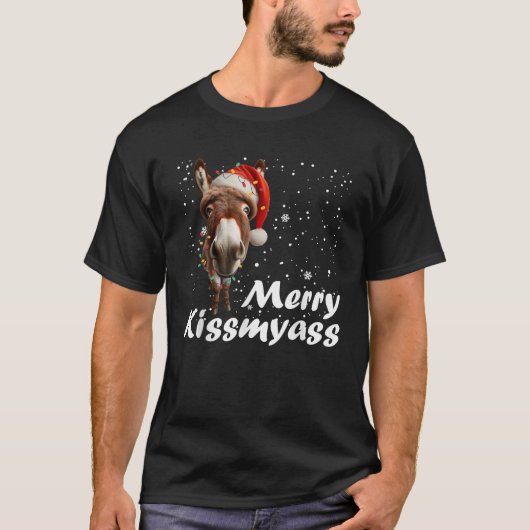 Merry Kissmyass Donkey Sarcastic Xmas Funny Pajama T-Shirt (Vorderseite)
