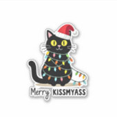 Merry Kissmyass Funny Cat Christmas Lights Premium Aufkleber (Vorderseite)