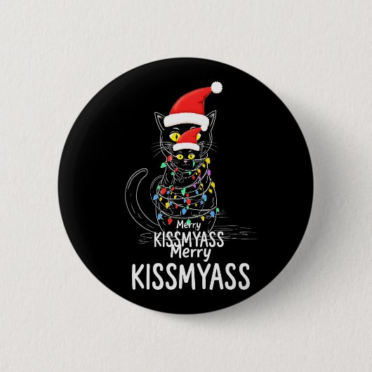 Merry Kissmyass Funny Cat Christmas Lights Premium Button (Vorderseite)