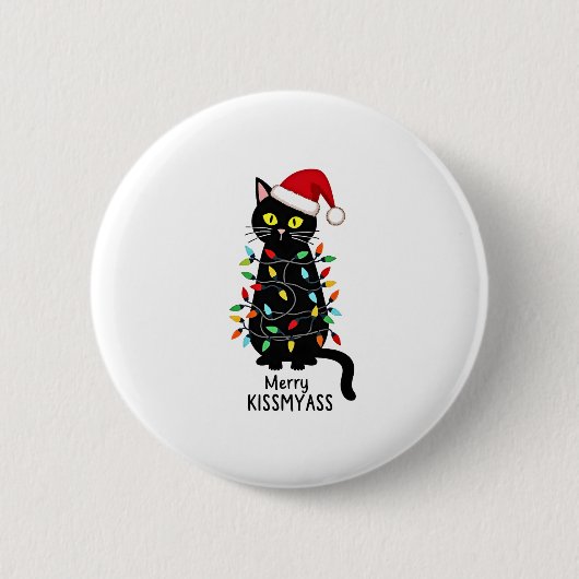 Merry Kissmyass Funny Cat Christmas Lights Premium Button (Vorderseite)