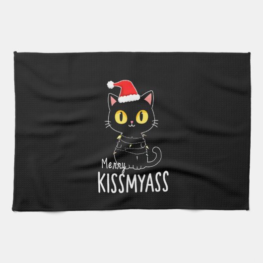 Merry Kissmyass Funny Cat Christmas Lights Premium Geschirrtuch (Horizontal)