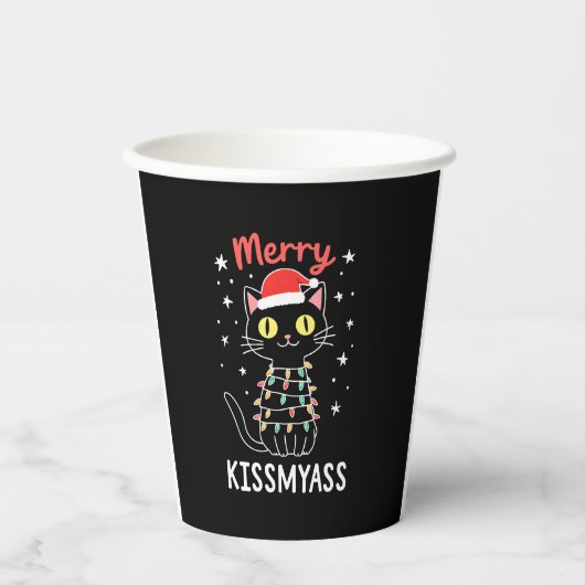 Merry Kissmyass Funny Cat Christmas Lights Premium Pappbecher (Vorderseite)