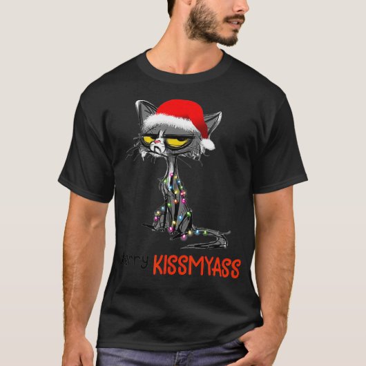 Merry Kissmyass Funny Christmas Black Cat T-Shirt (Vorderseite)