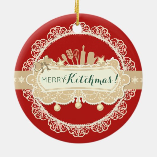 Merry Kitchmas Utensilien kulinarisch Weihnachten Keramik Ornament (Hinten)
