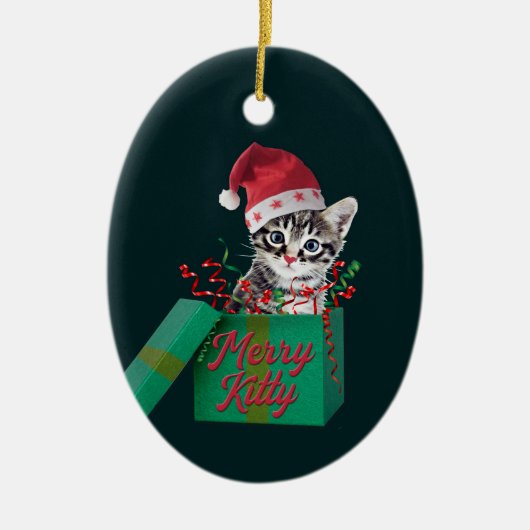 Merry Kitty, Frohe Weihnachten Keramik Ornament (Vorne)