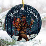 Merry Krampus Ornament<br><div class="desc">Fröhlicher Krampus! Dieses Design zeigt ein Bild von Krampus, der den Wald in einer winterlichen Nacht durchquert. Die Rückseite des Ornaments kann an Ihren Familiennamen und das Jahr angepasst werden. In der Tat können alle Texte und Schriftart angepasst werden, und die Bilder können an Größe und Platzierung angepasst oder durch...</div>