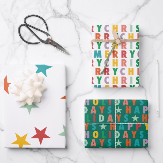 MERRY LIEBE JOY | FARBENE WEIHNACHTSMITTEL GESCHENKPAPIER SET (Vorderseite)