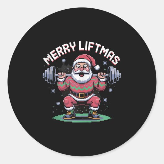 Merry Liftmas Santa Claus Barbell Squat Xel Retro Runder Aufkleber (Vorderseite)