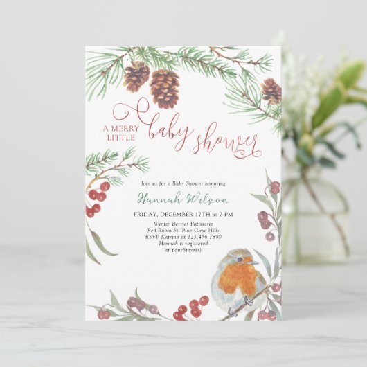 Merry Little Baby Dusche Robin und Pine Einladung (Stehend Vorderseite)