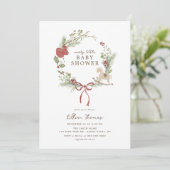 Merry Little Baby Shower Red Bow Wreath Einladung (Stehend Vorderseite)