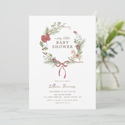 Merry Little Baby Shower Red Bow Wreath Einladung (Stehend Vorderseite)