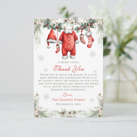Merry Little Baby Shower Santa Clothesline Dankeskarte (Stehend Vorderseite)