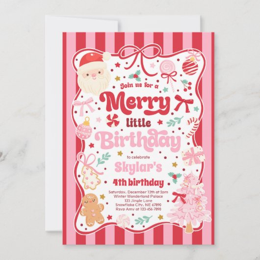 Merry Little Birthday Party Christmas Coquette Bow Einladung (Vorderseite)