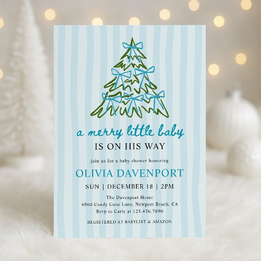 Merry Little Blue Bow Christmas Boy Baby Shower Einladung