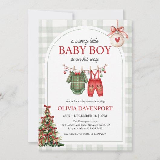 Merry Little Boy Gingham Christmas Baby Shower Einladung (Vorderseite)