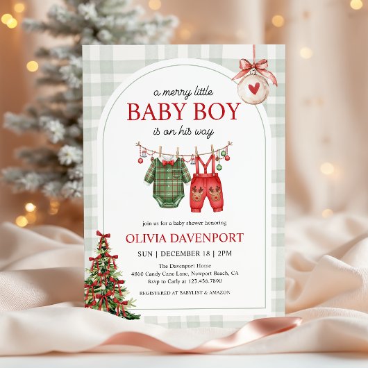 Merry Little Boy Gingham Christmas Baby Shower Einladung
