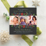 Merry Little Christmas Babys erste Foto Collage Feiertagskarte<br><div class="desc">Die stilvolle quadratische Fotokarte enthält den Text "Haben Sie sich ein frohes Weihnachtsfest" in modernen Schriften mit individuellem Text für den Namen, das Geburtsdatum und die Statistiken des Babys. Eine Blumengrenze von Heiligen, Beeren, Blätter, Nadelkronen und Ästen umrahmt Ihre drei (3) beliebten neugeborenen Fotos. Farbschema: Holzkohle grau / schwarz mit...</div>