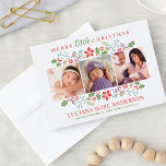 Merry Little Christmas Babys erste Foto Collage Feiertagskarte<br><div class="desc">Die stilvolle quadratische Fotokarte enthält den Text "Haben Sie sich ein frohes Weihnachtsfest" in modernen Schriften mit individuellem Text für den Namen, das Geburtsdatum und die Statistiken des Babys. Eine Blumengrenze von Heiligen, Beeren, Blätter, Nadelkronen und Ästen umrahmt Ihre drei (3) beliebten neugeborenen Fotos. Farbschema: Weiß mit rot, staubig lila,...</div>