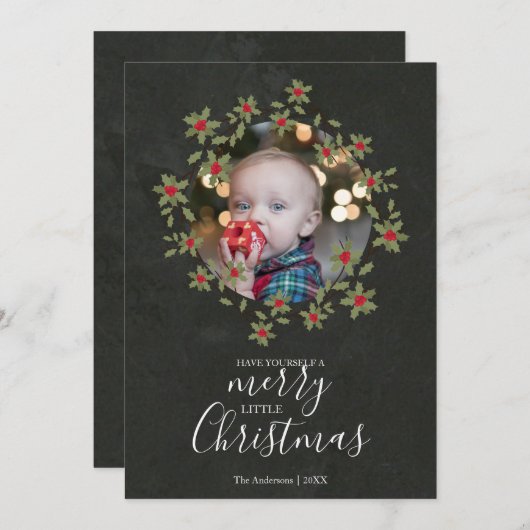 Merry Little Christmas Holly Wreath Foto (Vorne/Hinten)