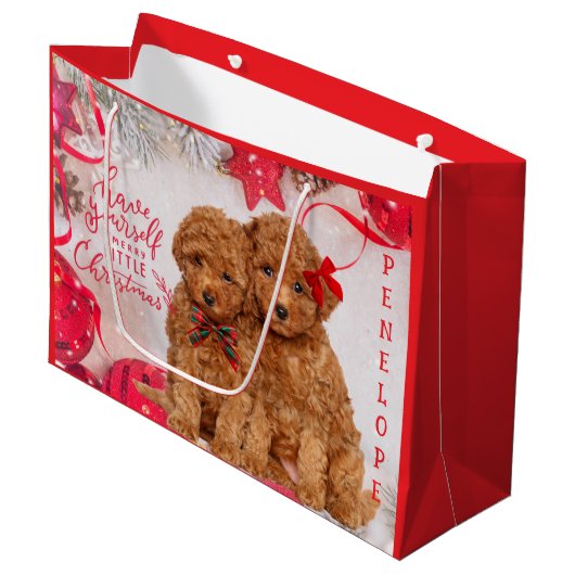 Merry Little Christmas Poodle Welpen Personalisier Große Geschenktüte (Vorderseite Schrägansicht)