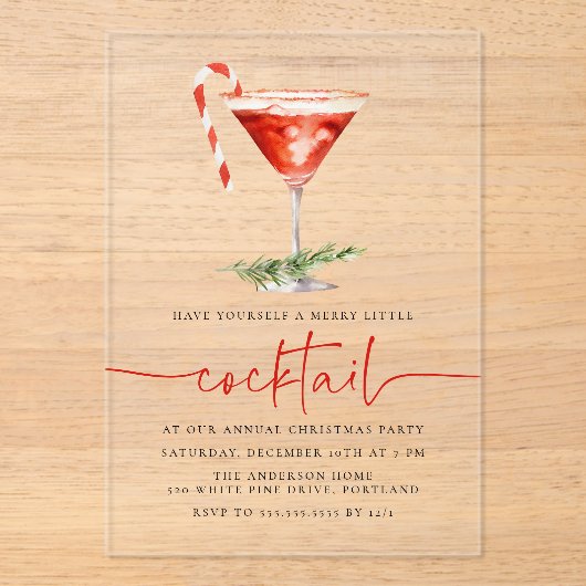 Merry Little Cocktail Candy Cane Holiday Party Acryleinladungen (Vorderseite)