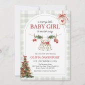 Merry Little Girl Gingham Christmas Baby Shower Einladung (Vorderseite)
