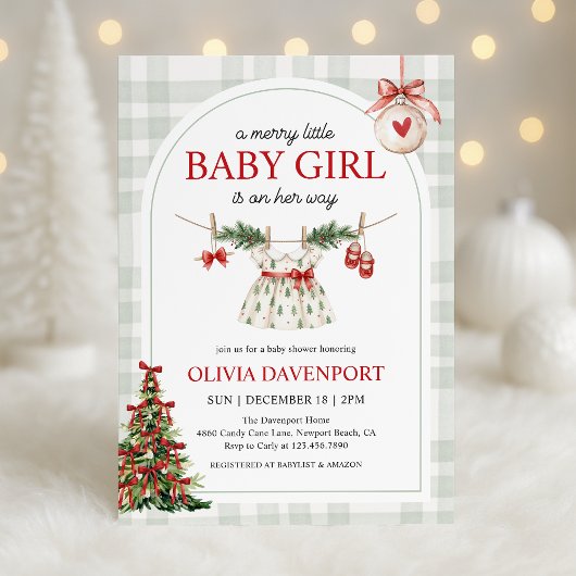 Merry Little Girl Gingham Christmas Baby Shower Einladung